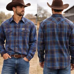 Flannel Shirt XL Blue Gray Plaid Snap button Western Cotton Old Money